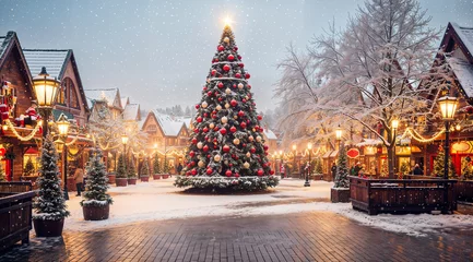 Foto op Plexiglas Christmas village, snowy santa village with a big Christmas tree and pine trees, xmas decorations, magical feel © OpticalDesign