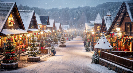 Christmas village, snowy santa village with a big Christmas tree and pine trees, xmas decorations, magical feel