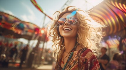 Young blonde woman enjoying an outdoor music festival - obrazy, fototapety, plakaty
