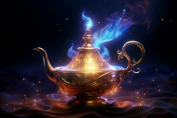Aladdin's lamp. Fairy tale or legend concept. Background with selective focus and copy space - obrazy, fototapety, plakaty