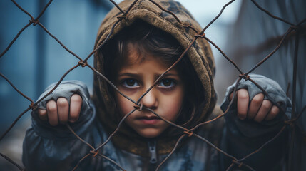 A child looking out from behind a wired fence, representing the plights of refugees and the global migration crisis stemming from war and persecution