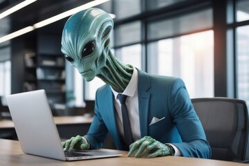 Alien with a laptop. Portrait with selective focus and copy space - obrazy, fototapety, plakaty