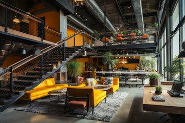 Modern urban coworking space with urban vista, staircase, decor, and amenities. Generative AI
