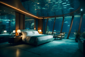 Underwater Hotel, Luxury Room Under Water, Aquatic Bedroom in Aquarium, Abstract Generative AI Illustration