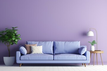 Modern living room with lavender walls, blue-violet sofa, and mockup blank space. Generative AI