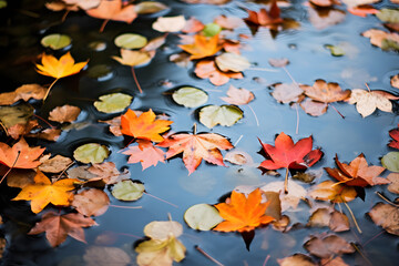 Autumn leaves floating leaves on water