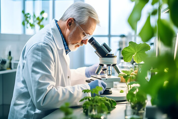 Biologist examining a plant leaf under a microscope - obrazy, fototapety, plakaty