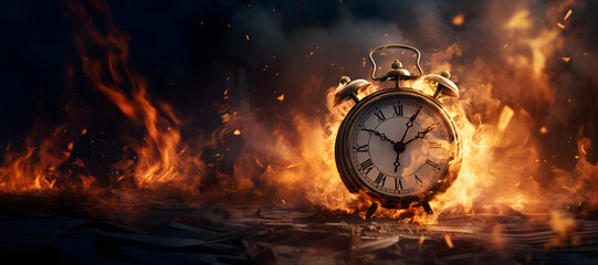 An alarm clock engulfed in flames, symbolizing the urgency of time in a dangerous situation