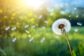 A dandelion blowing in the wind on a sunny day