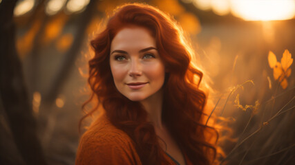 Beautiful autunm reshead model with flowing wavy hair