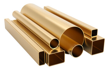 Cold rolled metal. Round pipes and square pipes, from copper, bronze or brass. Cold rolled metal. 3D rendering isolated on transparent background
