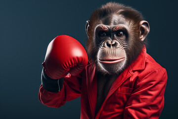 monkey wearing red boxing gloves - obrazy, fototapety, plakaty
