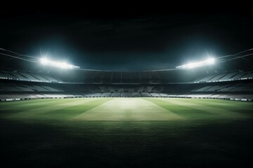 Nighttime cricket pitch, view from the side with illuminated stadium lights. Generative AI