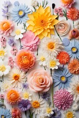 Vertical wallpaper or background with colorful spring summer flowers on white background. Generative AI