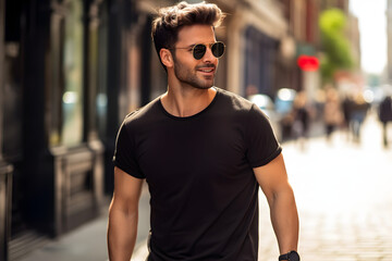 Male model in a classic black cotton T-shirt on a city street 