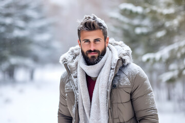Fototapeta na wymiar Male model in winter clothing against a snowy backdrop