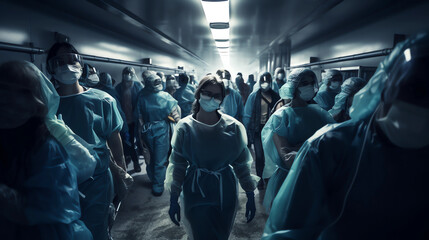 Overwhelmed medical workers in a crowded hospital corridor, symbolizing the strain on healthcare systems due to pandemics and lack of resources - obrazy, fototapety, plakaty