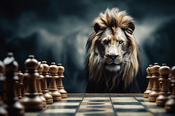 A lion strategically leading chess pieces in winning leadership against competition. Generative AI - obrazy, fototapety, plakaty
