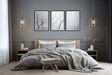 Cozy bedroom with gray walls, Nordic inspiration, poster mockups, illustrations. Generative AI