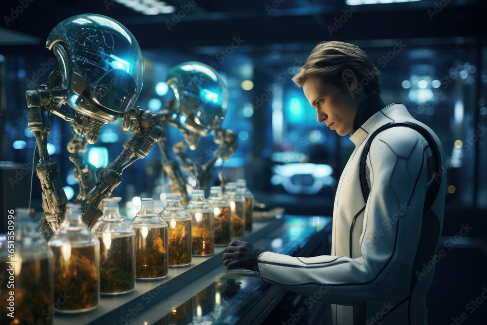 Poster a robot conducting experiments in a high-tech laboratory. generative ai.