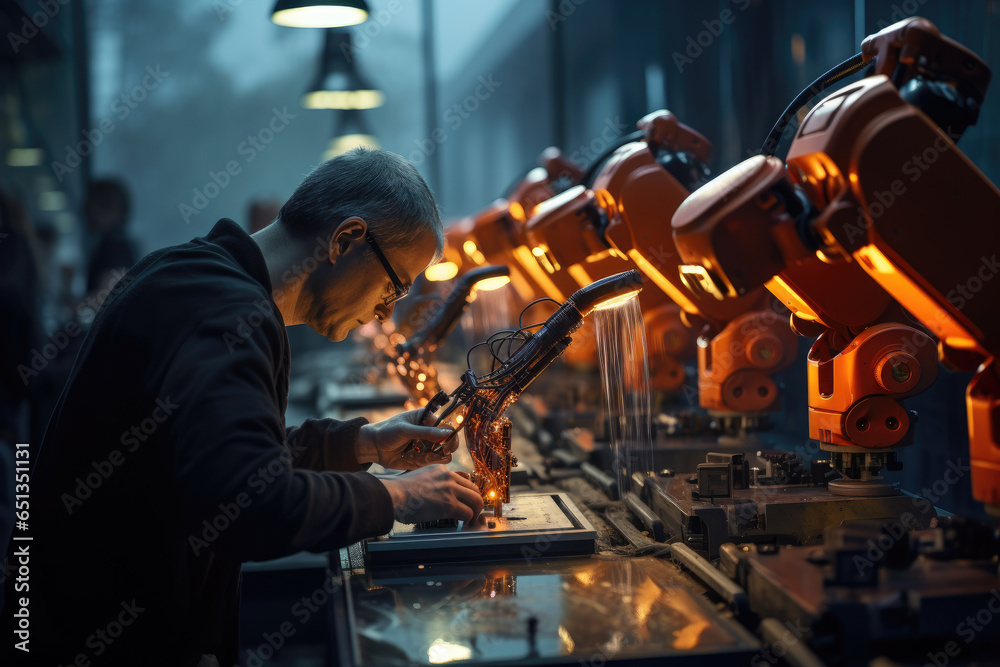 Poster precision robotic arms assembling electronic components on a factory line. generative ai.