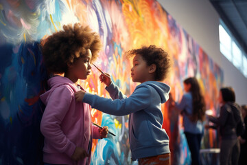Children from different backgrounds painting a unity mural. Generative Ai.