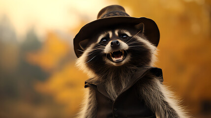 Funny raccoon cowboy wild west character wearing brown leather vest and hat. Generative AI