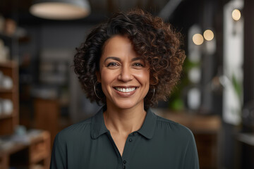 Middle aged latina woman in office, indoor portrait