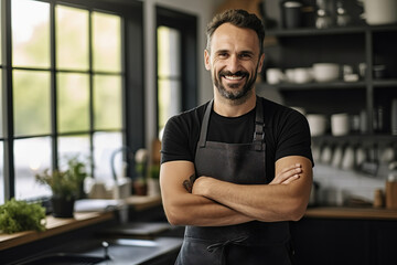 Fototapeta na wymiar Man in apron, male cook in kitchen, lifestyle portrait