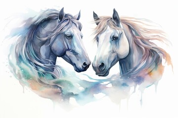 A serene watercolor artwork featuring a hand-drawn spirit horse and spirit cow on a transparent background. Generative AI