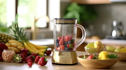 Healthy fresh fruit next to the glass blender bowl. A creative concept for healthy eating. 