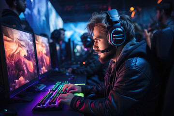 A gamer's intense focus while participating in an esports match. Generative Ai.