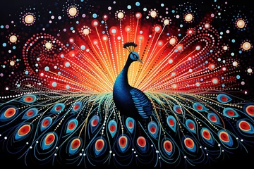 Foto op Plexiglas Australian Aboriginal dot painting style art peacock. © Inge