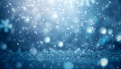 Winter scene of snowflakes falling with sparkling ice and bokeh light particles on a dreamy blue background. Room for copy space. - Powered by Adobe