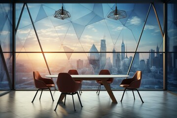 View of table with chairs in bright conference hall with polygonal print walls and city view. 3D rendering. Generative AI