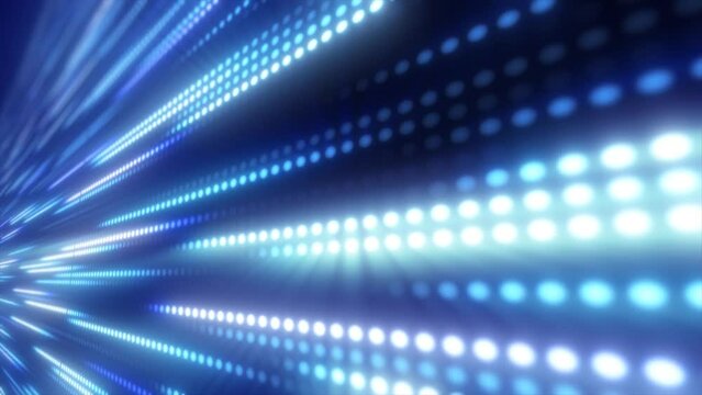 Abstract bright blue background pattern of flying circles of dots and glowing futuristic digital energy magical bright particles