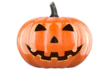 Halloween pumpkin with carved evil face, front view. 3D rendering isolated on transparent background