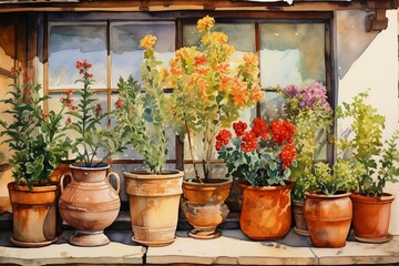 Fototapeta na wymiar A watercolor painting of flower pots. Generative AI