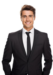 Portrait of handsome caucasian man in formal suit looking at ahead smiling with smile isolated