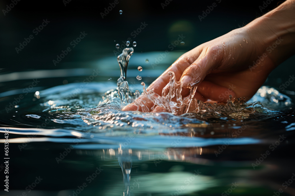 Canvas Prints a person's hand reaching out to touch the surface of a calm pond, creating ripples that symbolize th