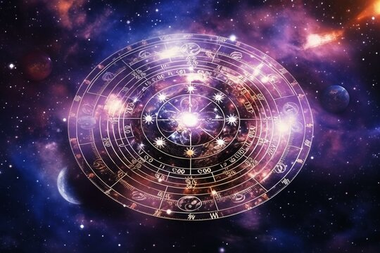 Zodiac sign against nebula. Astrology calendar. Esoteric horoscope and fortune telling concept. Generative AI