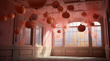 Obraz premium Halloween background with pumpkins in the room. 3d render