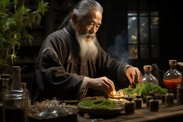 A practitioner of traditional Chinese medicine preparing herbal remedies, highlighting the ancient wisdom of holistic healing. Generative Ai. - obrazy, fototapety, plakaty