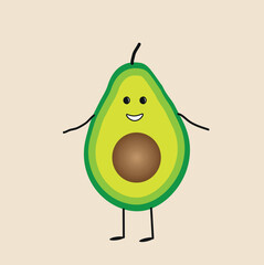 Cute happy avocado in kawaii style isolated on beige background. Printing on clothes, notebook cover, children's wallpaper.