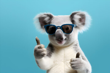 Cool looking koala wearing sunglasses with his thumbs up.  Banner with space for text. Posing animal - obrazy, fototapety, plakaty