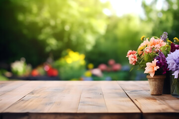 spring flowers on empty wooden table Background. For copy space text. 