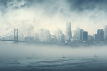 City skyline obscured by dense fog. Generative AI