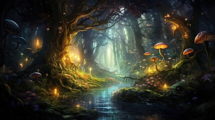 Fantasy forest with mushrooms. Ai art