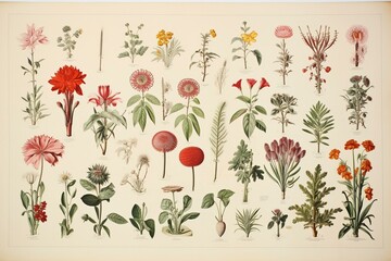 An antique sheet of botanical lithography from 1890s-1900s with plant illustrations. Generative AI - obrazy, fototapety, plakaty