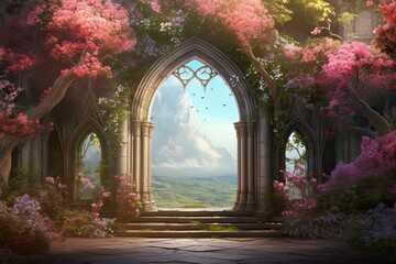Enchanting nature scenery with lush greenery, blossoms, and an arch. Serene, magical, and dreamlike. Generative AI